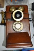 A Vintage Wood & Brass Wall-Mounted Telephone, no. 2445, 38cms x 21.5cms at base/back