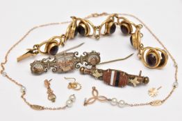 A SMALL BAG OF JEWELLERY, to include a gold plated red paste cabochon line bracelet, fitted with