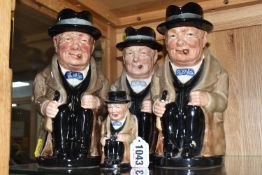 FOUR ROYAL DOULTON 'WINSTON CHURCHILL' TOBY JUGS comprising three larger jugs height 23cm, and a
