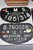 Two Cast Iron Railway Signs, L M S Standard 12 Tons 185131 and B 760028 12 T Wolverton 1953 Lot No