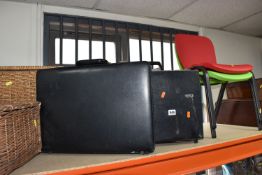 A GROUP OF CHAIRS, BRIEFCASES, AND BASKETS comprising two children's 'Lifetime' chairs in red and