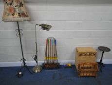 A SELECTION OF OCCASIONAL FURNITURE, to include a wicker linen basket, a magazine rack, a tripod