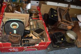 TWO BOXES AND LOOSE METALWARE AND SUNDRY ITEMS, to include The Book of Common Prayer 1708, with