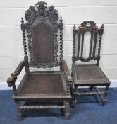 A LATE 19TH / EARLY 20TH CENTURY CARVED OAK ARMCHAIR, depicting mythical creatures, scrolled and