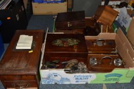 TWO BOXES AND LOOSE BOXES AND DESK FURNISHINGS to include two cast iron presses with addresses for