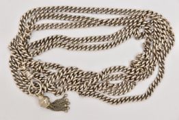 A SILVER LONGUARD CHAIN, a curb link chain fitted with a lobster clasp and tassel charm, approximate