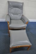 A MODERN ERCOL ARMCHAIR, with grey leather upholstery, width 90cm x depth 94cm x height 99cm,