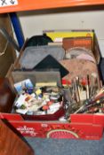 TWO BOXES AND LOOSE ART MATERIALS, all partially used, to include two Winsor & Newton wooden easels,