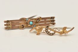 TWO BROOCHES, the first a 9ct gold bar brooch with turquoise cabochons, fitted with a brooch pin and