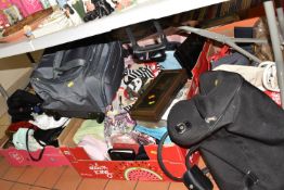 FIVE BOXES OF ASSORTED HANDBAGS in various sizes and styles, a quantity of purses, scarves etc (5