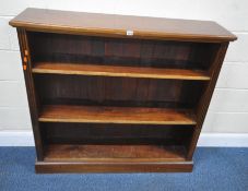 A 20TH CENTURY MAHOGANY OPEN BOOKCASE, with two shelves, width 122cm x depth 33cm x height 112cm,
