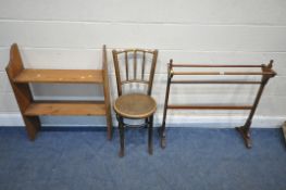 A 20TH CENTURY OAK TOWEL RAIL, width 84cm x depth 32cm x height 85cm, a Mundus bentwood chair, along
