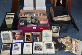 TWO BOXES AND TWO CASES OF RECORDS, EIGHT TRACK TAPES AND CASSETTE TAPES, to include over fifty