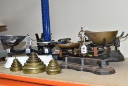 FOUR SETS OF VINTAGE SCALES AND WEIGHTS, comprising W & T Avery kitchen scales, cast metal and