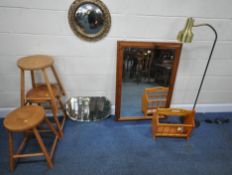 A RECTANGULAR PINE BEVELLED EDGE WALL MIRROR, 105cm x 74cm, two other mirrors, a set of three
