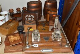 A GROUP OF TREEN ITEMS, comprising an early 20th century desk companion in wood with metal