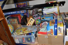 FIVE BOXES AND LOOSE GAME RELATED ITEMS, to include a large tub of marbles some with rough pontil
