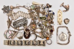 A BAG OF ASSORTED JEWELLERY, mostly white metal jewellery, to include an Egyptian white metal