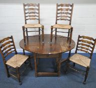 AN OAK GATE LEG TABLE, with a double ended drawer, raised on turned legs, united by stretchers, open