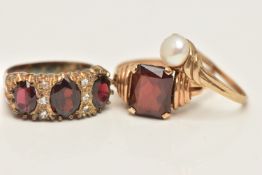 THREE GEM SET RINGS, the first a 9ct gold cultured pearl ring, hallmarked 9ct Birmingham, ring