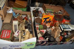 FOUR BOXES OF ASSORTED VINTAGE TINS, BOTTLE, VALVES, ETC to include Tide, Glacier Mints, Slade's