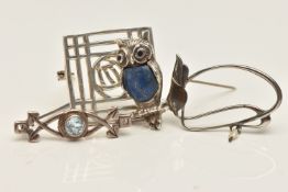 FOUR BROOCHES, to include a silver Celtic open work square brooch, hallmarked London, fitted with