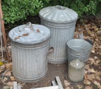 A COLLECTION OF GALVANISED ITEMS including two dustbins, a pale, a Ennals & Cooper water feeder