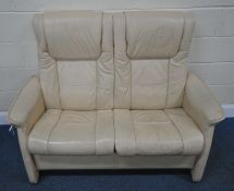 AN EKORNES STYLE CREAM LEATHER RECLINING TWO SEATER SOFA, length 140cm x depth 75cm x height