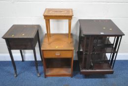 AN EARLY 20TH CENTURY MAHOGANY REVOLVING BOOKCASE, 51cm squared x height 83cm, a mahogany sewing