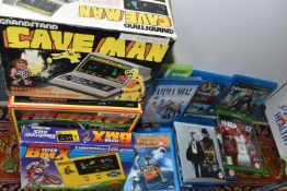 BOX OF VINTAGE GRANDSTAND VIDEO GAMES, includes Caveman (boxed), Firefox F-7 (boxed), BMX Flyer (