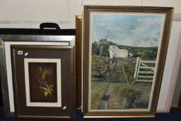 A SMALL QUANTITY OF PICTURES AND PRINTS, comprising an Edwin Swaine oil on board 'Temptation for