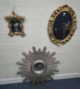 A GILT WOOD FOLIATE WALL MIRROR, width 61cm x height 82cm, a small gilt wall mirror, and a modern