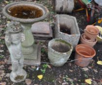 A CONCRETE BIRDBATH, height 68cm, a concrete planter with digital detail to two faces, three