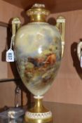 A ROYAL WORCESTER TWIN HANDLED PEDESTAL VASE AND COVER, painted with a scene of Highland cattle by