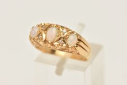 A YELLOW METAL GEM SET RING, three oval opals, prong set in yellow metal with four single cut