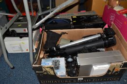 TWO BOXES AND LOOSE CAMERA AND PICTURE EQUIPMENT, to include a boxed Leica Pradovit P 150 TYP 627-18