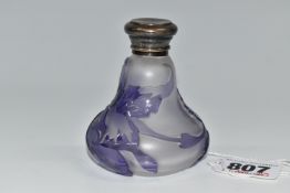 A CAMEO GLASS SCENT BOTTLE, of waisted conical form, lilac body, cut with flowers, having silver