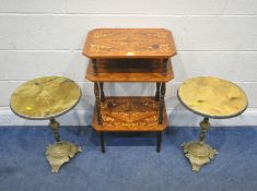 AN ITALIAN THREE TIER WHAT NOT, with marquetry inlay, width 48cm x depth 33cm x height 77cm, along