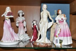 FIVE COALPORT AND ROYAL DOULTON FIGURINES, comprising a boxed Royal Doulton Queens of the Realm:
