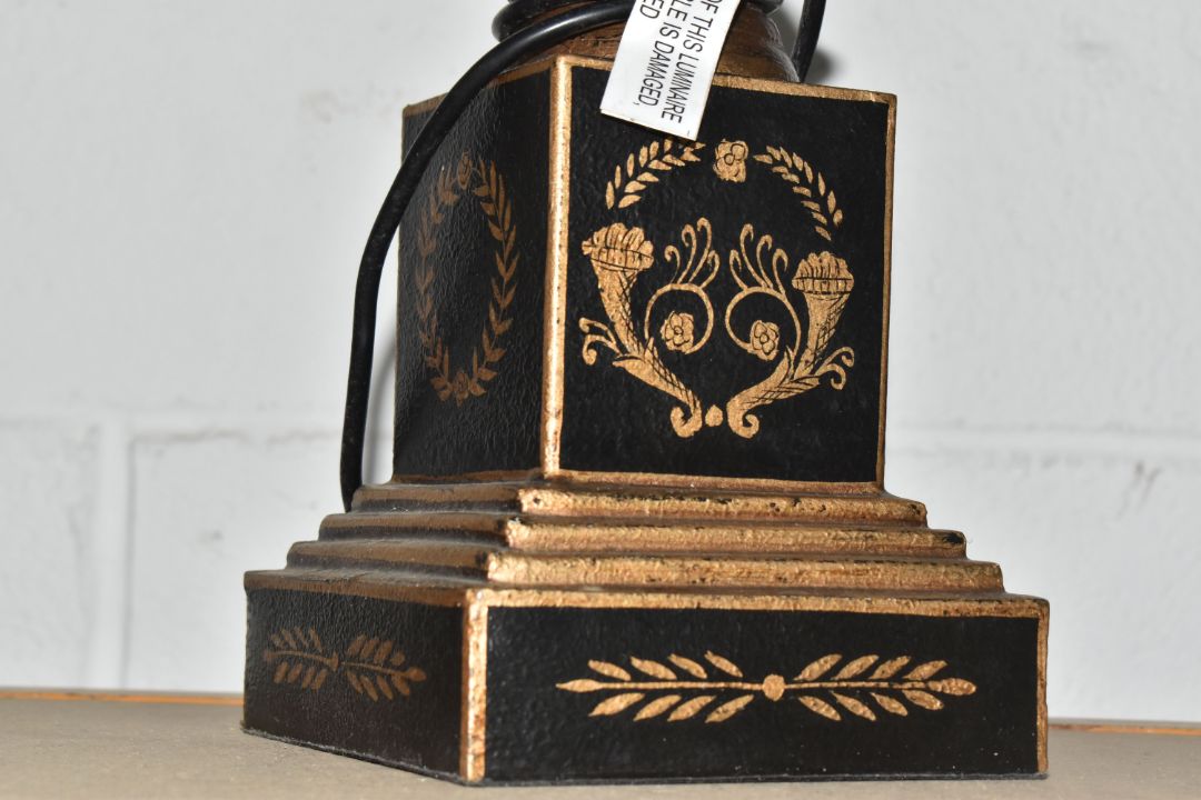 A PAIR OF COACH HOUSE EMPIRE-STYLE TABLE LAMPS decorated with gilt neo-classical motifs to include - Image 8 of 8