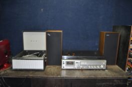 A HITACHI SDT-7785 MUSIC CENTRE (tape not playing) with a pair of Celestion Ditton 15XR speakers and
