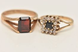 A 9CT GOLD GEM SET RING AND ANOTHER RING, a rectangular cut garnet, high profile set in yellow gold,