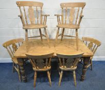 A PINE RECTANGULAR FARMHOUSE TABLE, raised on block and turned legs, length 153cm x depth 90cm x