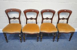 A SET OF FOUR LATE VICTORIAN MAHOGANY CHAIRS, the serpentine front seats with gold upholstery,