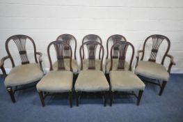 A SET OF EIGHT MAHOGANY AND CROSS BANDED SPLAT BACK CHAIRS, with central splats, including two