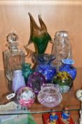 A GROUP OF GLASSWARE, to include three paperweights, a Bavarian cut crystal vase, height 24cm, a