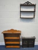 A PINE FOUR TIER BOOKCASE, width 76cm x depth 20cm x height 86cm, a three tier hanging shelving