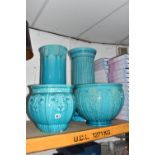 TWO TURQUOISE GLAZED JARDINIERES AND TWO STANDS comprising two Burmantofts jardinière stands to