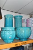 TWO TURQUOISE GLAZED JARDINIERES AND TWO STANDS comprising two Burmantofts jardinière stands to