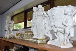A JARDINIERE AND TWO STANDS comprising a Spode Copeland jardiniere depicting figurative sculptures